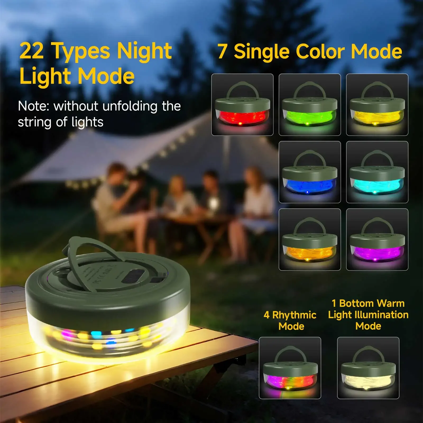 3 in 1 RGB Camping String Lights, Outdoor IPX4 Camping Lantern with 8 Modes, USB Rechargeable, Portable Lights for Camping/Yard