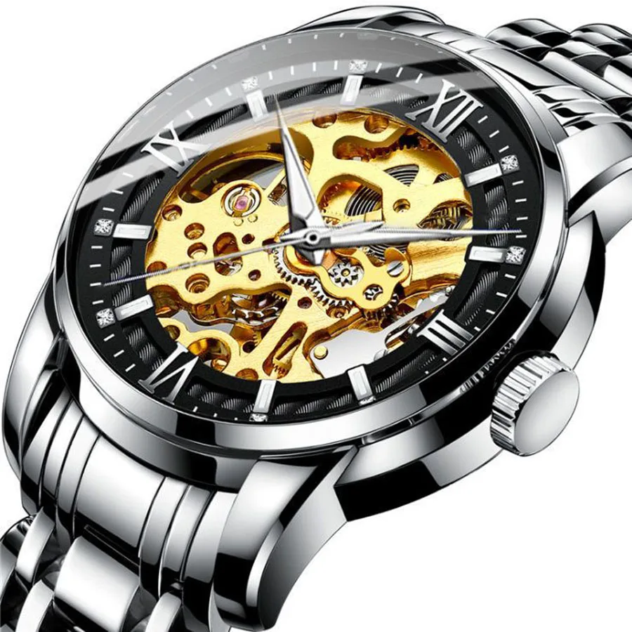 Fashion Watches Classic Rhinestone Watch Male Skeleton Watches Mechanical Stainless Steel Band Luminous Watch Reloj Hombre 2023