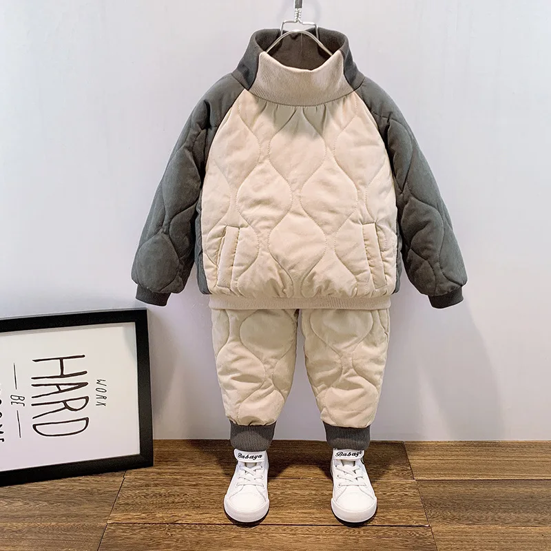 Baby  jacket set girls' outdoor wear boys' cotton-padded jacket with fleece jacket children's warm clothes two-piece set
