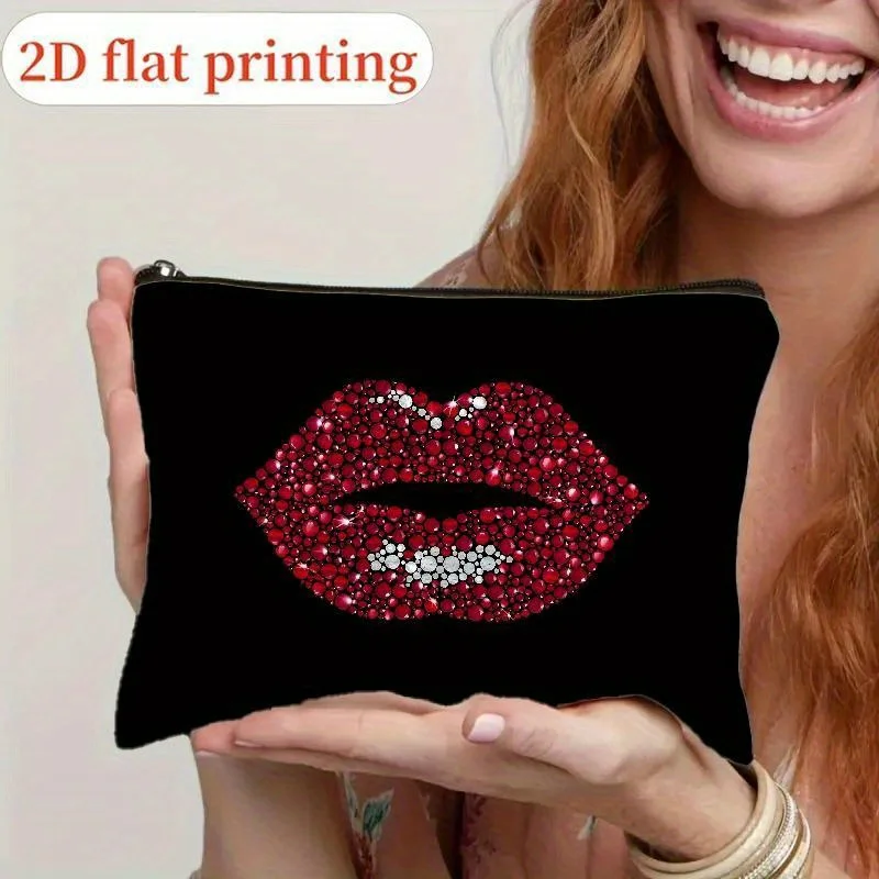 A Red sequin lip print designed makeup bag - cute multifunctional zipper pouch for women, jewelry storage bag