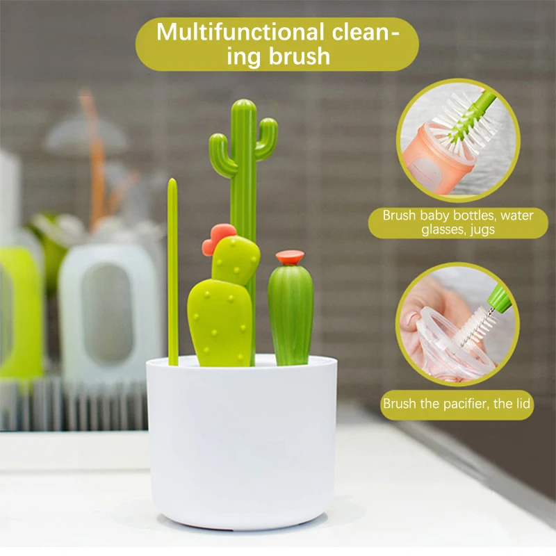 4 Pcs Bottle Brush Cleaning Set Cartoon Cactus Baby Bottle Brush Kit Long Handled Water Bottle Cleaner Home Glasses Cups Straws