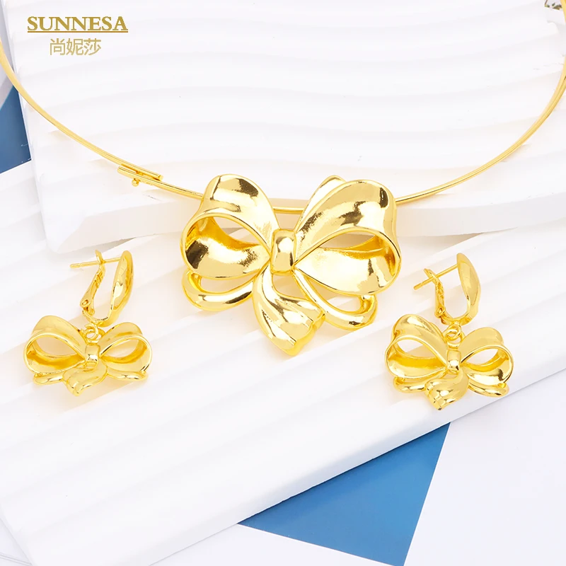 SUNNESA Fashion Gold Plated African Jewelry Set For Women Dubai Bride Wedding Gift BowKnot Round Necklace Earrings Jewellery