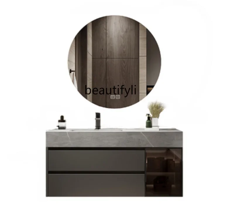 

Light Luxury Stone Plate Bathroom Cabinet Combination Seamless Porcelain Minimalist Solid Wood Washbasin Cabinet