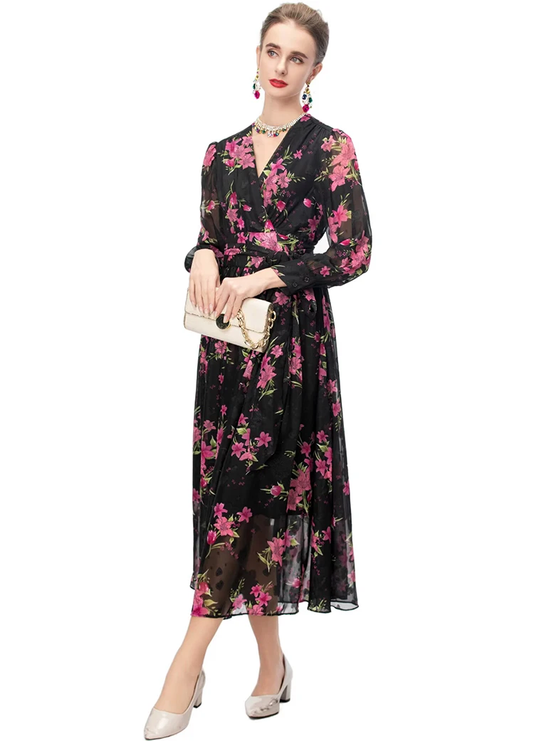 DLDENGHAN ชุดเดรสคอวีผ้าแจ็คการ์ดสำหรับผู้หญิงแขนทรงโคมพิมพ์ลายวินเทจแฟชั่นฤดูใบไม้ร่วงสำหรับผู้หญิง