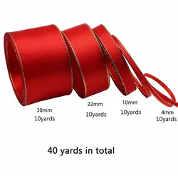 4roll/pack Red Satin Ribbon Set with Gold Edges for Gift Box Packaging, Hair Decoration, Diy Butterfly