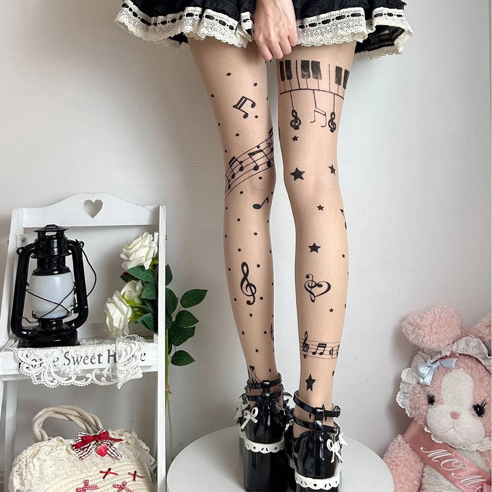 Musiknoten-Strumpfhose für Damen, Schwarze Lolita-Strumpfhose mit Symbol-Print, Süße Y2K-Strumpfhose für Mädchen, Club-Party-Strumpfhose