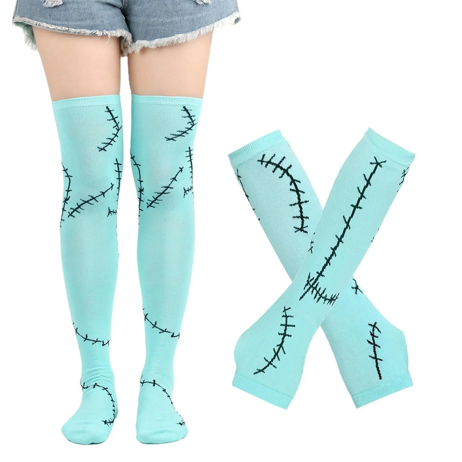 Halloween Costume Stitches Arm Sleeves and Long Socks Lightweight for Women