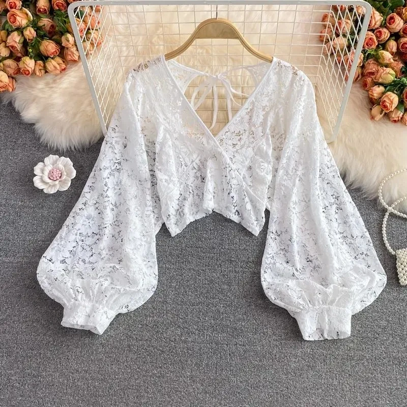 Sexy Lace Hollow Out Blouse Women Summer V-Neck Puff Sleeve Backless Tops Casual Korean Slim Lace Up Solid White Crop Tops