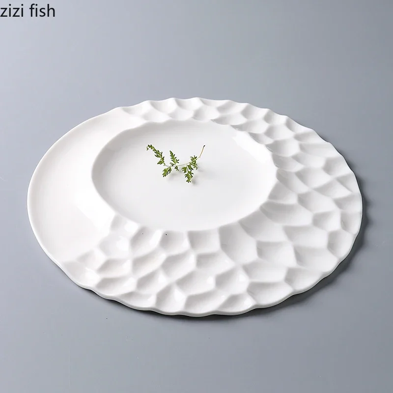 Hammered Texture Ceramic Plate Restaurant Serving Plate Dessert Dish Pasta Steak Plates White Molecular Cuisine Tableware