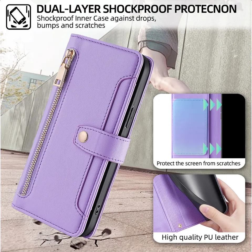 Funda tipo cartera con cremallera para Samsung Galaxy A17, A07, A56, A36, A26, A16, Galaxy S25 Ultra, Samsung S25 FE, Plus, S25 Edge, con correa 4