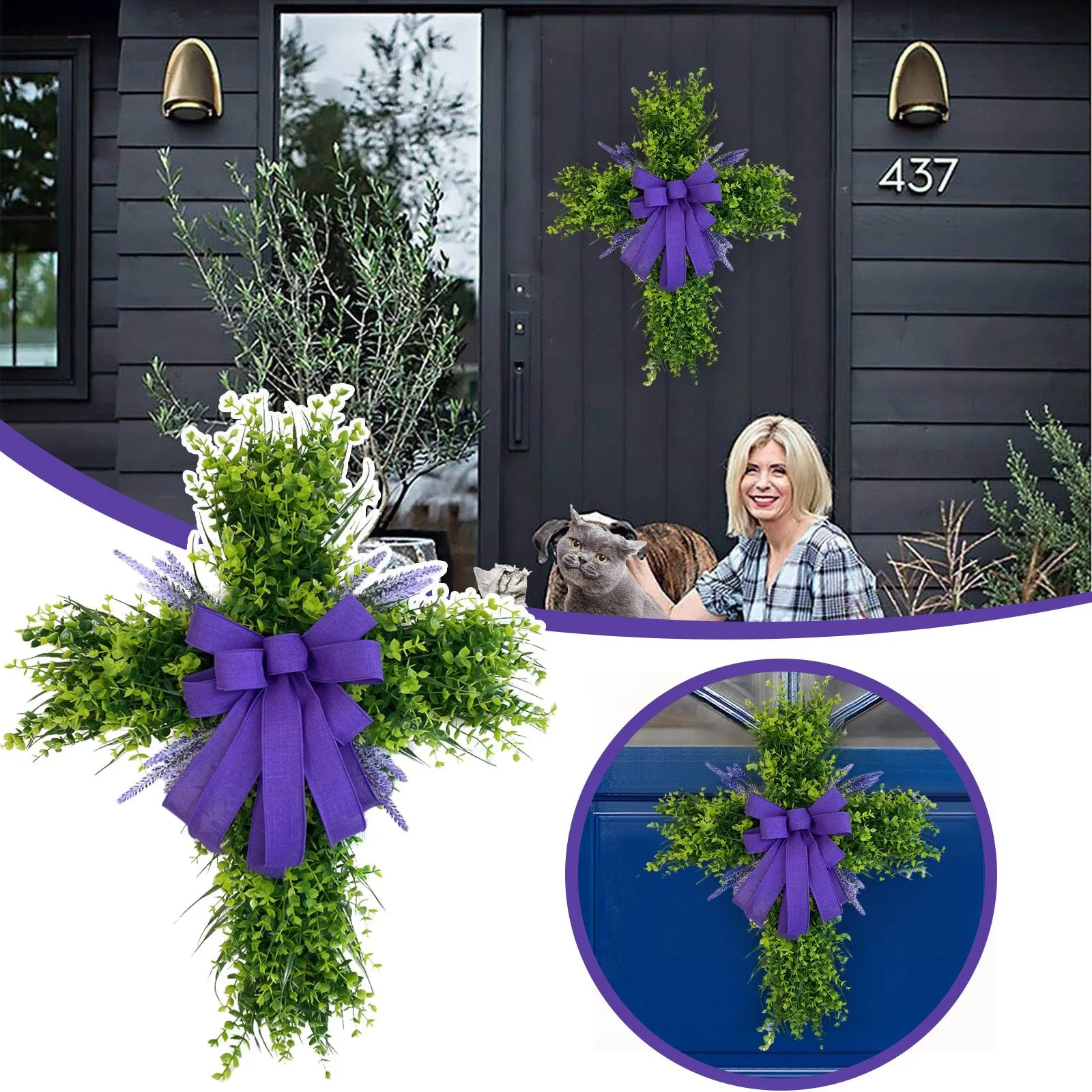 

Easter Simulate Lavender With Cross Wreath Door Hanging Decorative Wreath Front Door Church DIY Decor Over The Door Decorations