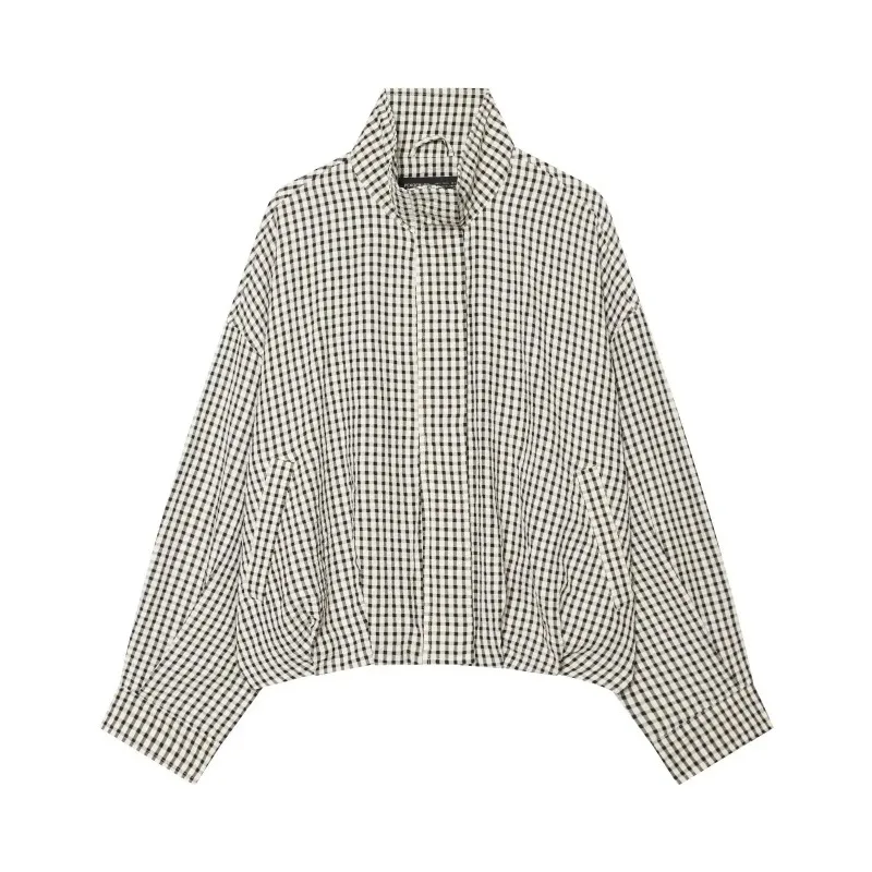 SMVP 2026 Women's French Retro Plaid Stand Up Collar Long Sleeved Casual Street Short Top Loose Minimalist Jacket Pilot Jacket