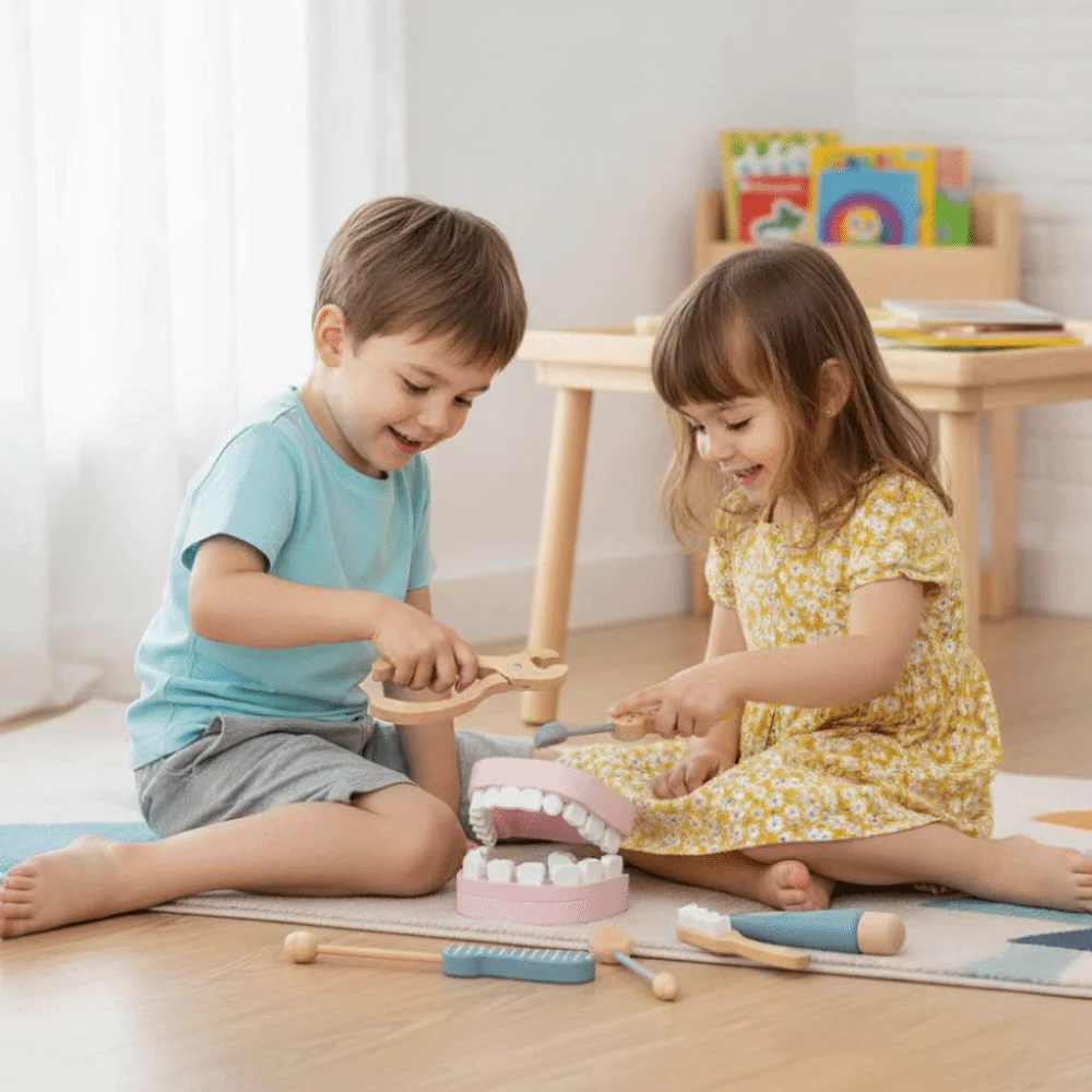 

6pcs/set Little Doctor Theme Wooden Doctor Playset Brush Teeth Tool Dentist Role Play Dental Playset Oral Care Play