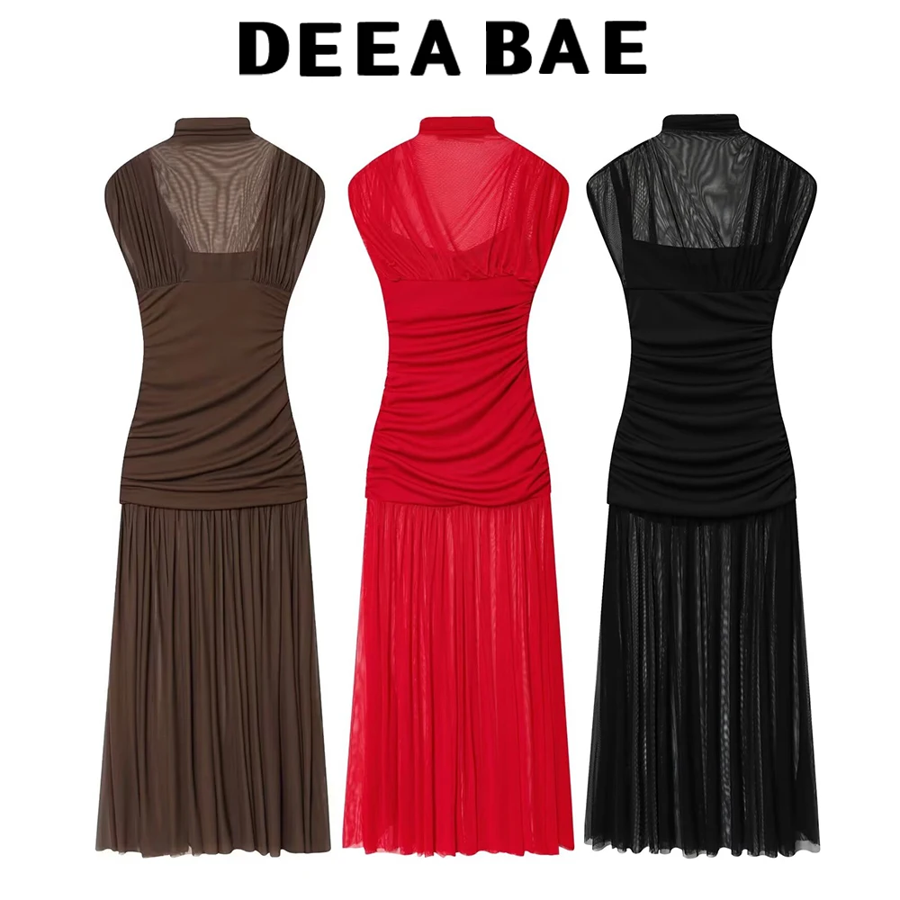 DEEABAE 2025, Herbst Neues Produkt für Damen, Seide, Netzstoff, Spleißen, Stehkragen, ärmellos, gefaltet, langes Kleid, Midikleid