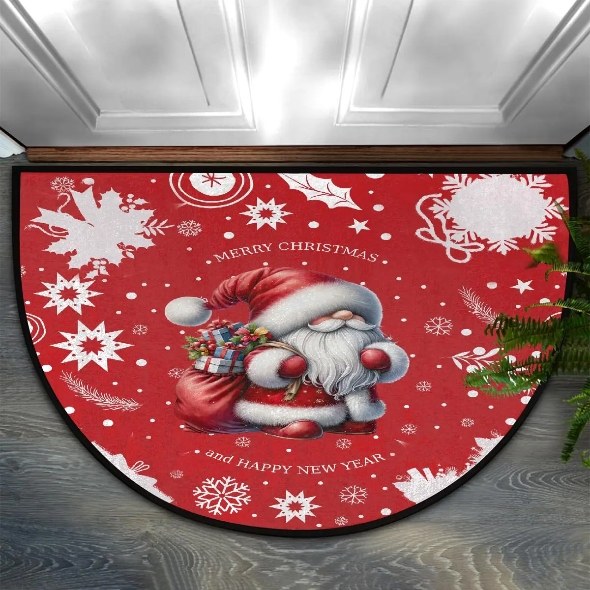 VIKAMA Christmas Old Man Red Half Round Door Mat Non Slip Washable Semi Circle Area Rug Absorbent Soft Half Moon Rug Home Decor
