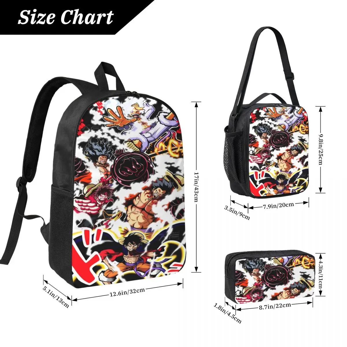 3Pcs Luffys O-one-pieces Prints Backpack Set for Children Pen Bags Bookbag Sets with Lunch Box For School Students Knapsack