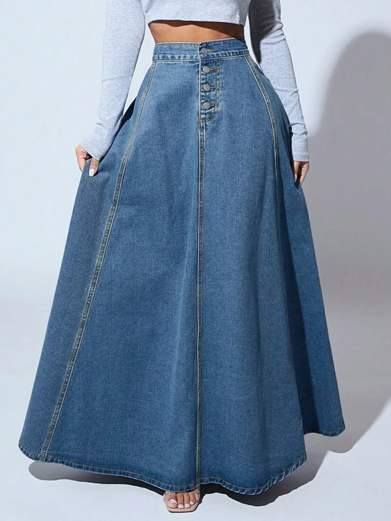 Denim Skirts Women Long Skirt A Line Single Breasted High Waist Jeans Vintage Maxi Simple Casual Elegant Splice Y2k Streetwear