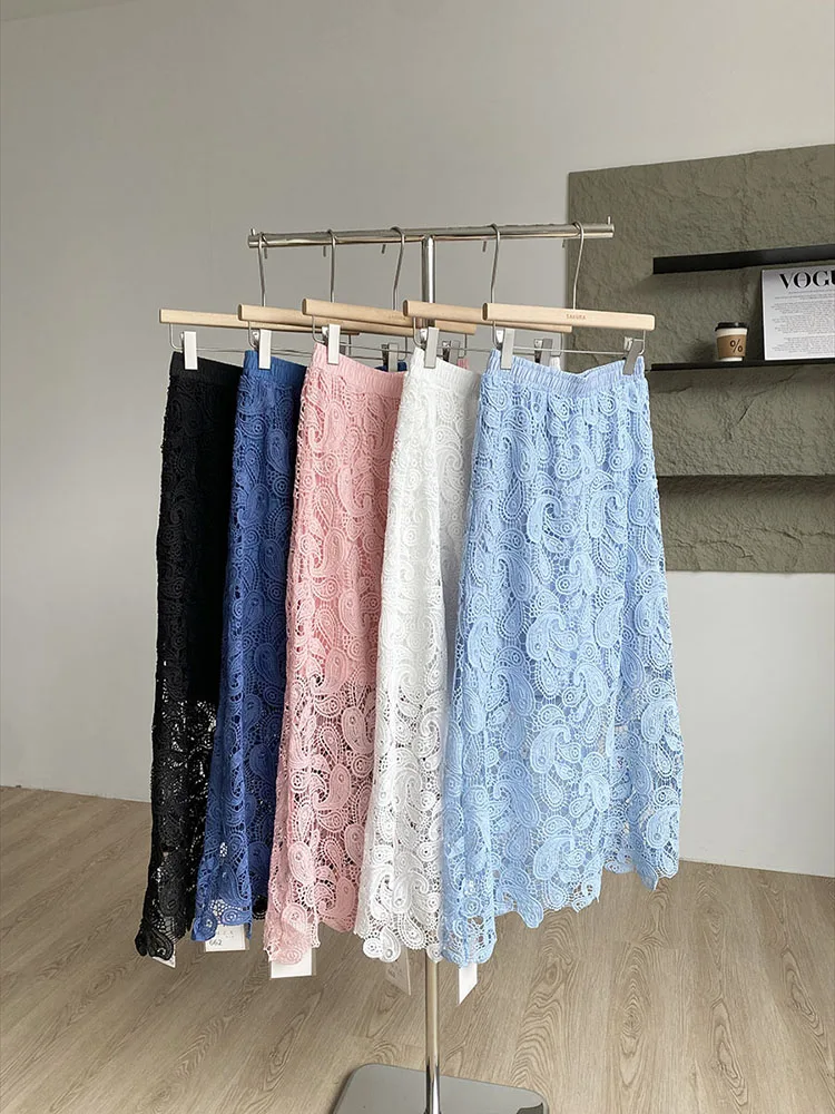 

2025 Summer New Korean Style Fashion Simple Lace Half length Skirt High Waist Slim and Versatile A-line Skirt for Women