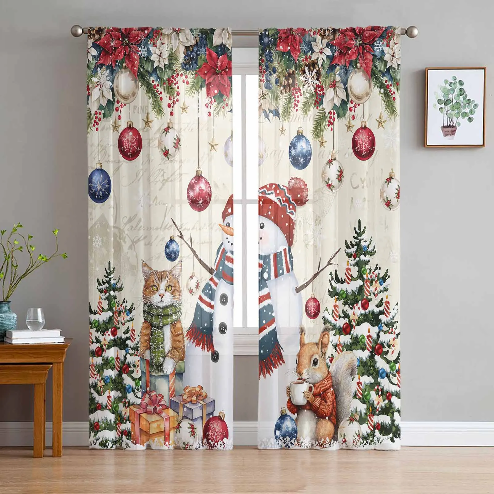 Christmas Tree Snowman Cat Squirrel Snowflake Ball Sheer Curtains Room Decoration Window Curtains Kitchen Tulle Voile Curtains