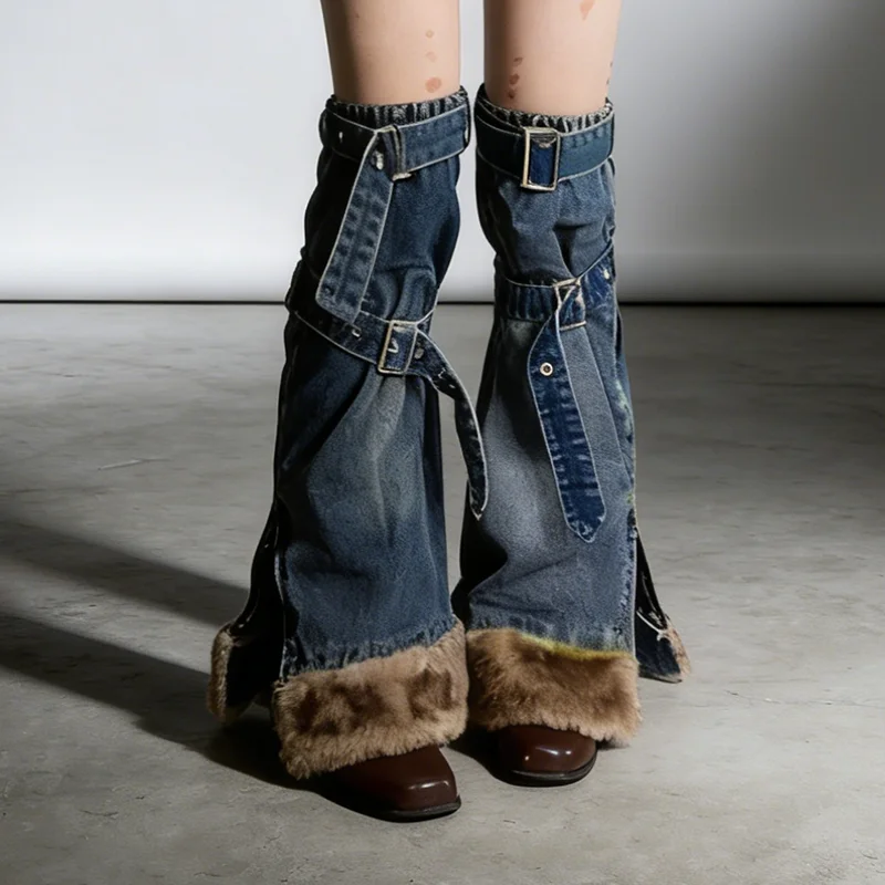 

PBAP Faux Fur Belted Denim Boots Cover Patchwork Solid Zipper Split Do Old Thigh Long Leg Warmers Trendy Vintage Woman Clothes