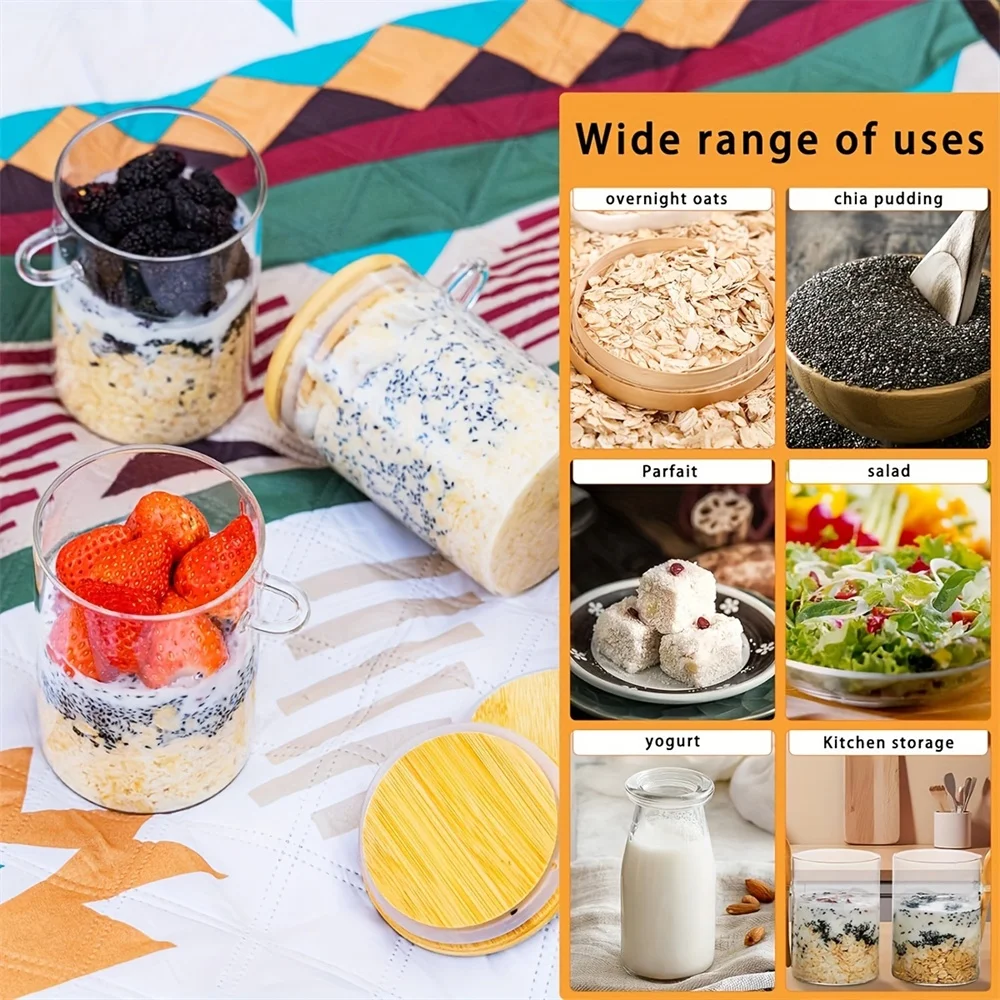 F9 Round Glass Storage Jar Overnight Oats Airtight Containers With Lid With Spoon Pudding Salad Cereal Coffee Tea Storage Can