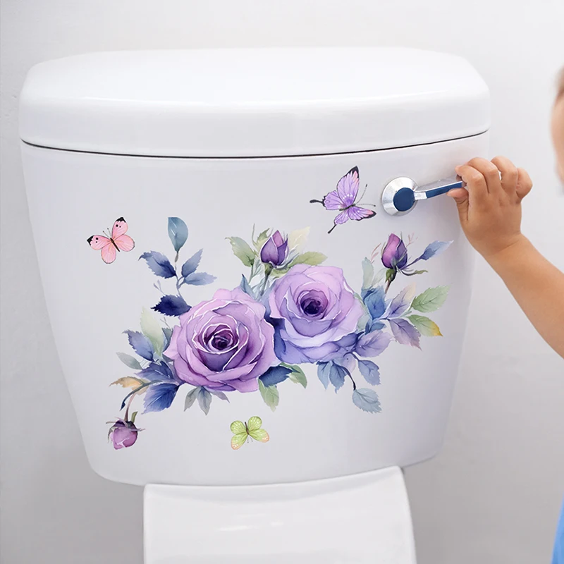 Toilet Cover Stickers Purple Flowers Bathroom Toilet Wall Window Decals Sticker Home Decoration Self Adhesive Stickers