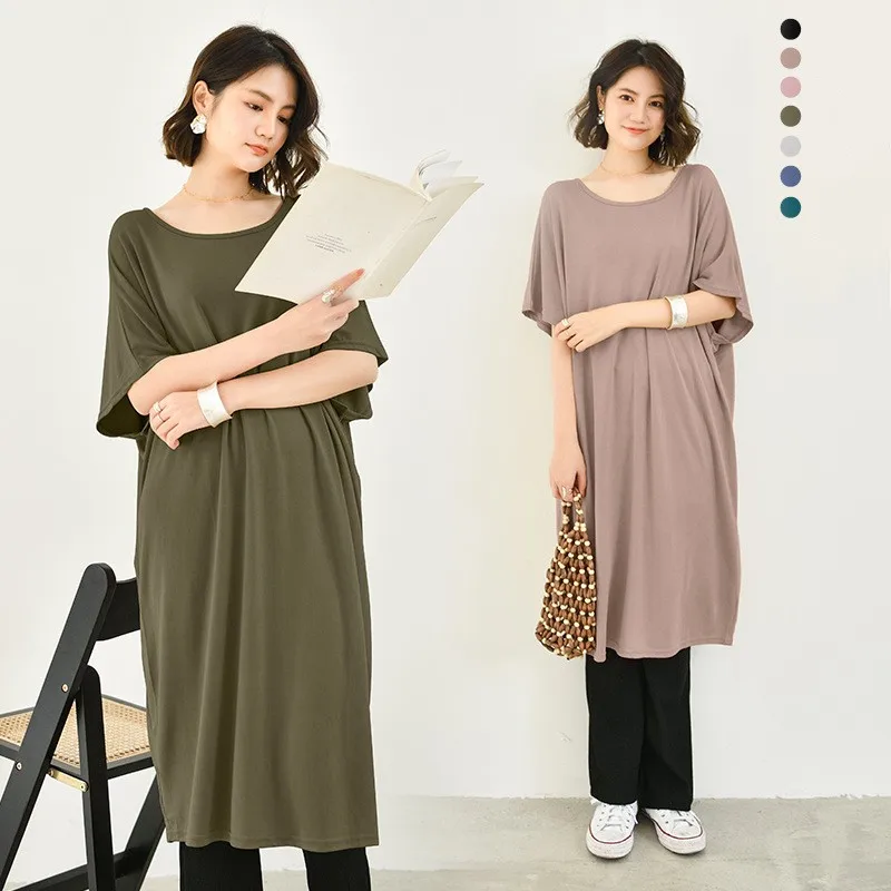 Summer Modal Loose Tee Dress O-neck Batwing Sleeveless Casual T-shirt dresses Solid color comfortable homedress