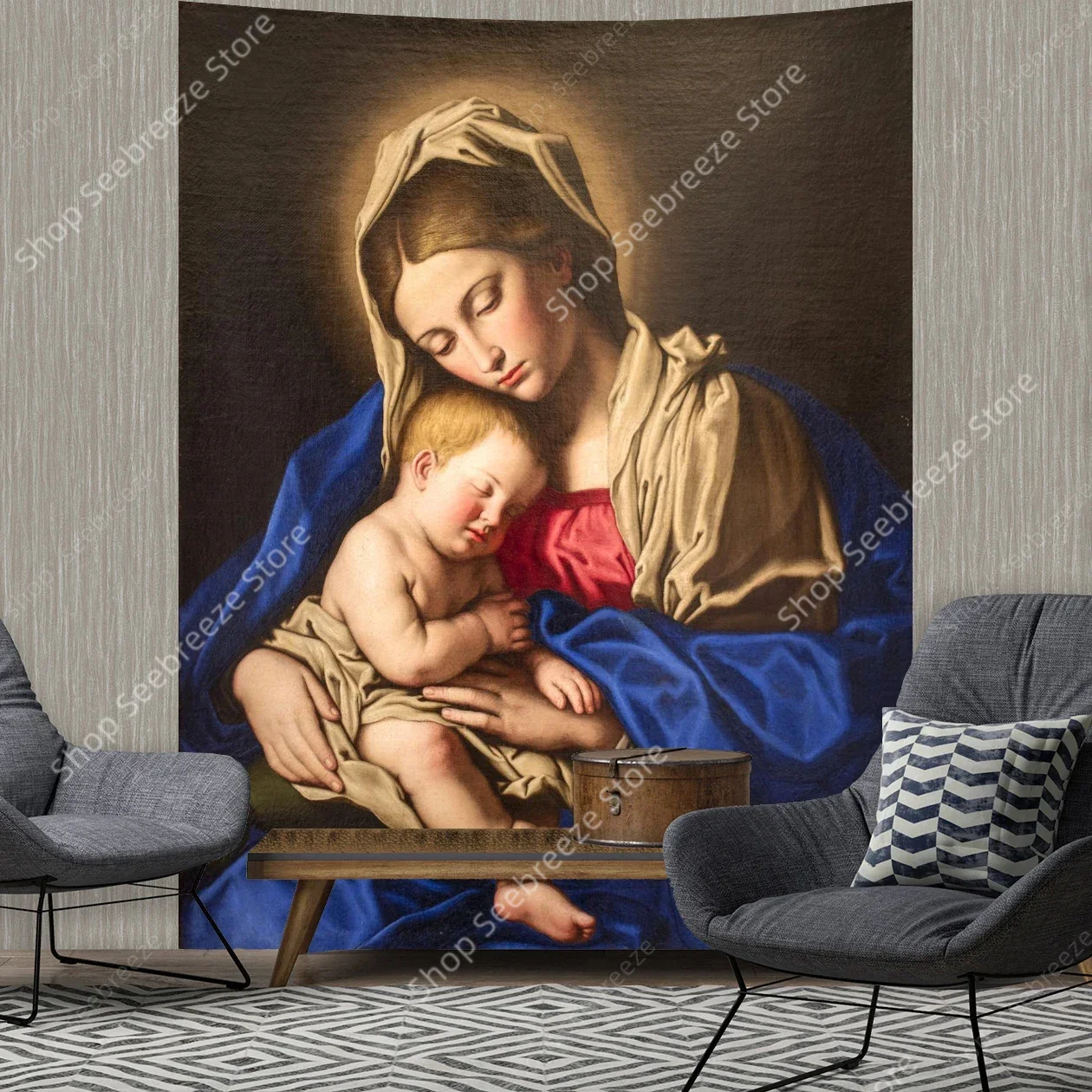 Virgin Mary and Baby Jesus Religious Tapestry Soft Warm Tones Sacred Home Bedroom Decor Church Wall Art  for Mother's Day Gift