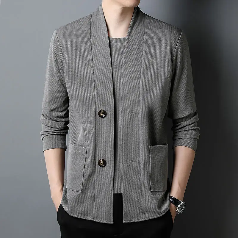 Smart Casual Spring Autumn T-Shirts Men\'s O-Neck Solid Button Pockets Trend Chic Fake Two Pieces Loose Long Sleeve Cardigan Tops