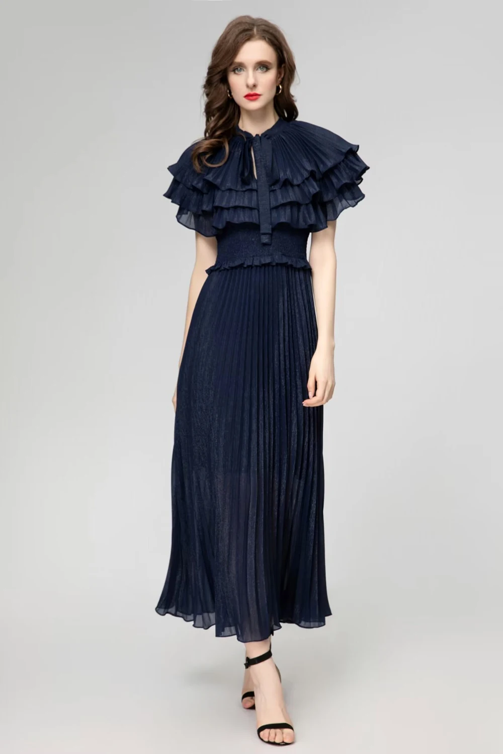 Mulheres Babados Plissados Vestido Elástico na Cintura, Vestidos de Passarela, O-Gola, Camadas, Moda, Designer, Festa, Formatura