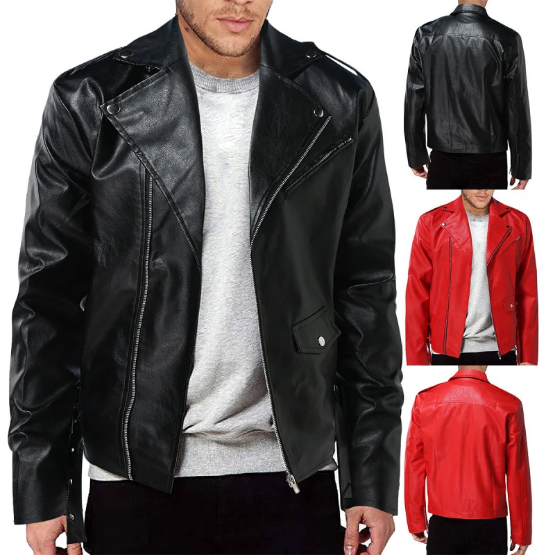 

Trendy 2024 Men's PU Leather Motorcycle Jaet Autumn Collar Flip Leather Coat Faionable Urban Long Sve Double-Sided Wear