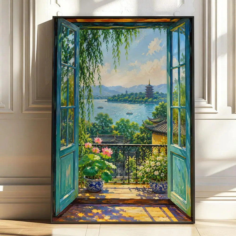 Open Window Landscape Poster Stickers Painting Self-Adhesive HD Art for Bedroom Living Room Home Decor Wall Decals Gift