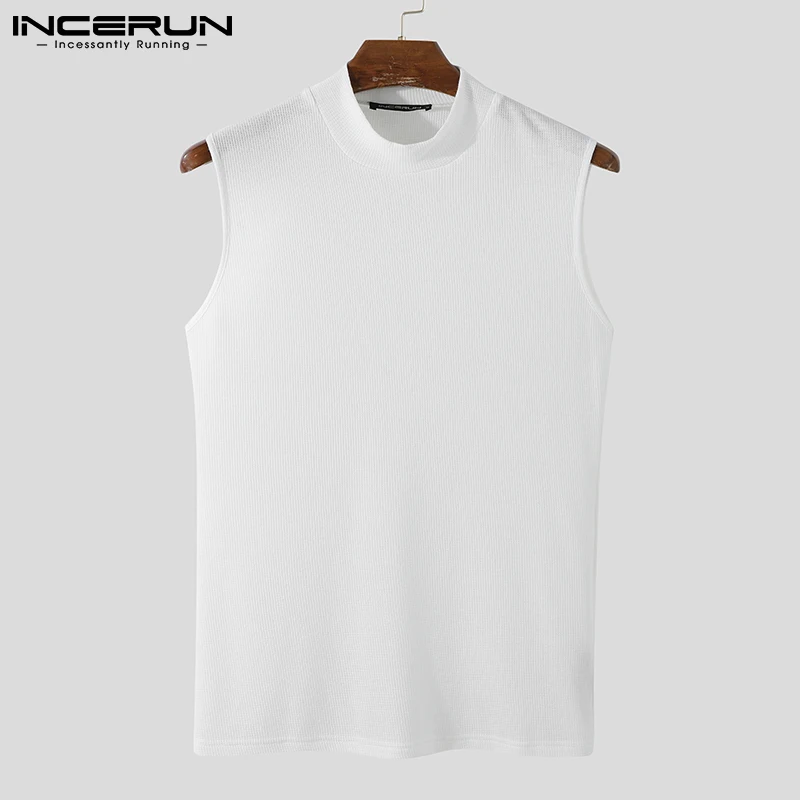 2024 Fashion Men\'s Tank Tops Turtleneck Solid Color Sleeveless Streetwear Casual Vests Party Nightclub Skinny Tops INCERUN S-5XL