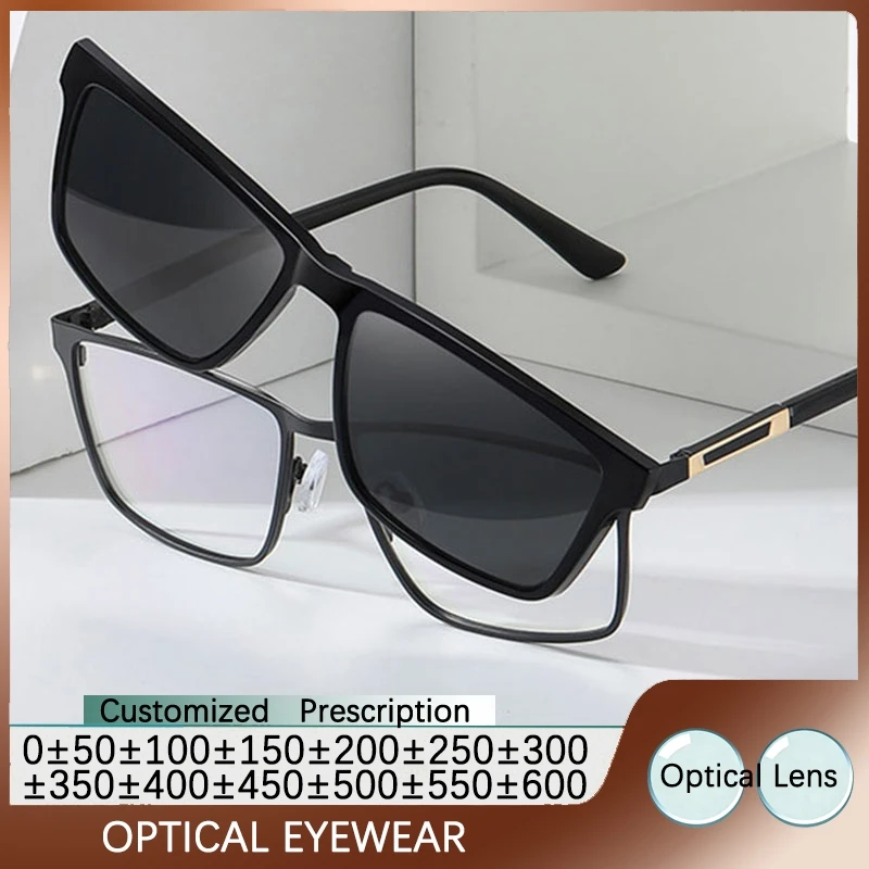 Myopia Polarized Magnet Sunglasses Men Clip On Glasses Square Optic Spectacle  Rectangle Metal Eyeglass Frames -0.5 TO -8.00