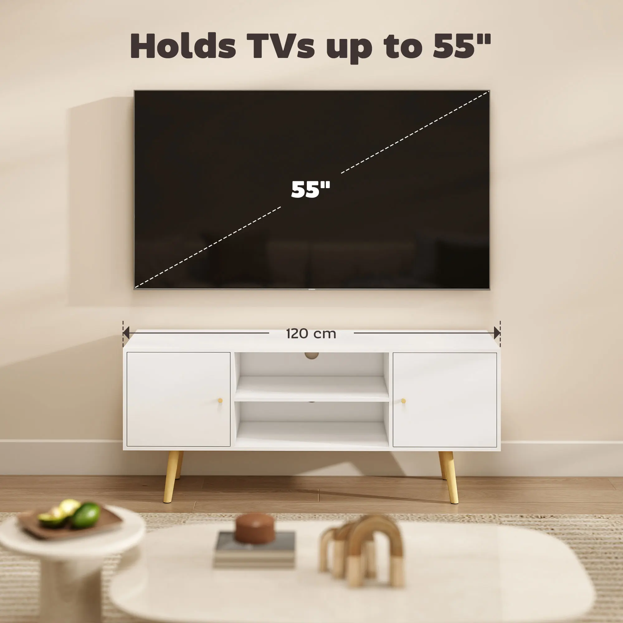 HOMCOM TV Unit Cabinet for TVs up to 55 Inches W/ Shelves and Cupboards, White