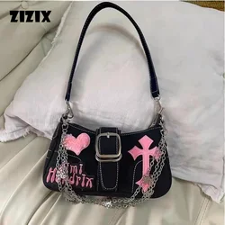 Y2K borsa a tracolla di colore rosa nero per donna borsa a tracolla con motivo a cuore incrociato catena a tracolla Cool Hiphop sotto le ascelle forma quadrata