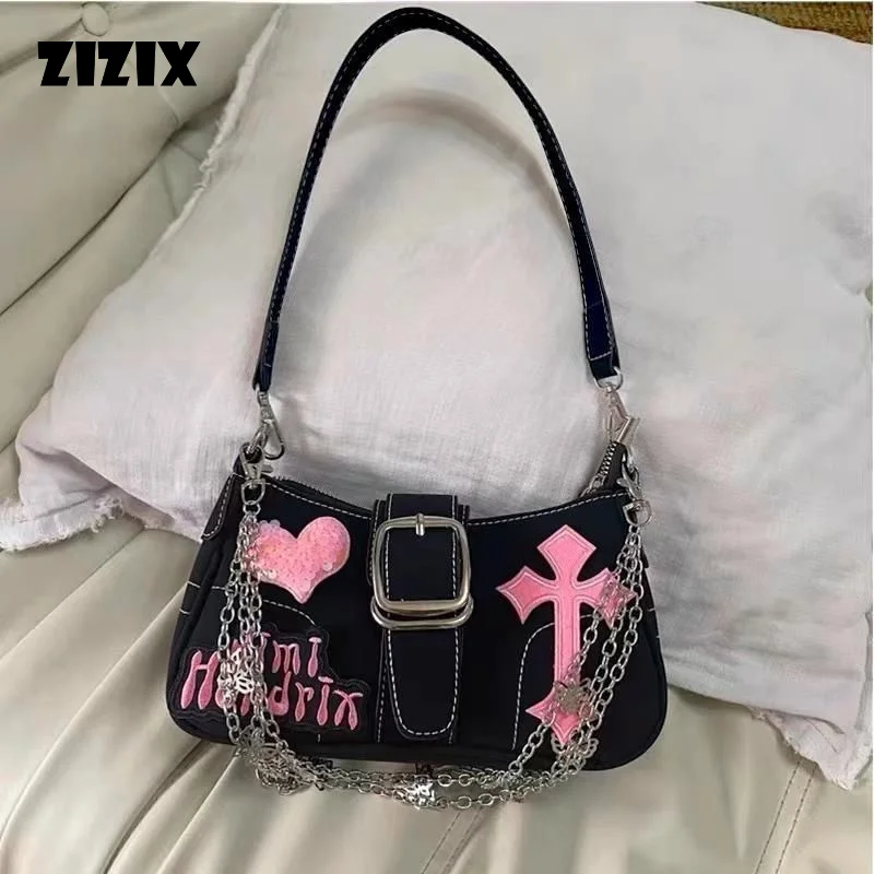 Y2K Black Pink Color Shoulder Bag for Women Cross Heart Pattern Letter Handbag Chain Cool Hiphop Underarm Sling Bag Square Shape