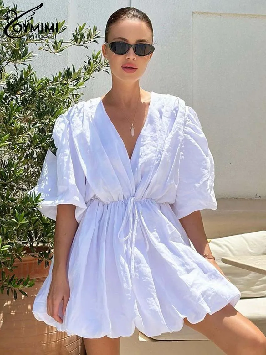 

Oymimi Casual White V-Neck Women's Dress Elegant Loose Cotton Half Sleeve Dresses Summer Lace-Up Mini Dresses Female Clothing