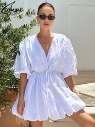 Oymimi Casual White V-Neck Women's Dress Elegant Loose Cotton Half Sleeve Dresses Summer Lace-Up Mini Dresses Female Clothing