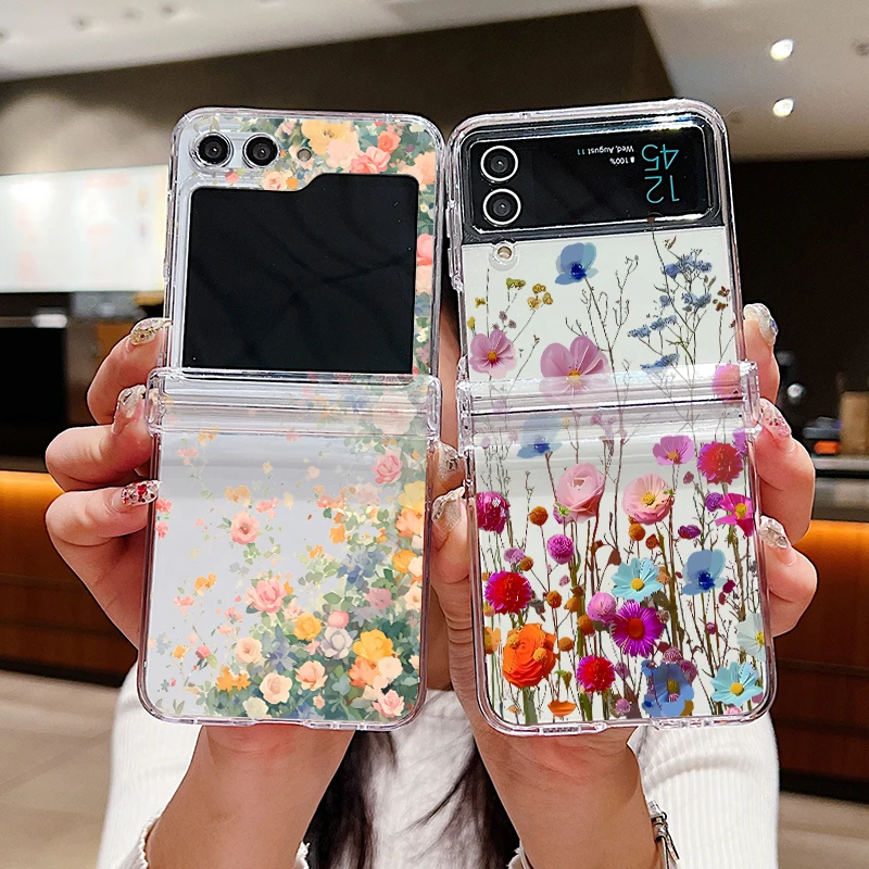 Romantic Flower Pattern Clear Phone Case For Samsung Galaxy Z Flip5 Flip4 Flip6 5G Hard Folding Cover For Samsung Z Flip 6 5 4 3