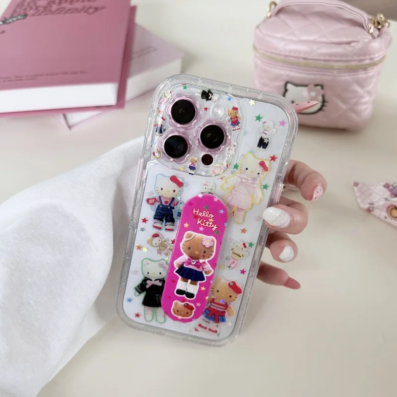 

Cute hottie Long legged girl Bling Glitte Hello Kitty Cartoon Band aid Bracket Phone Case For iPhone 13 14 15 16 Pro Max Cover