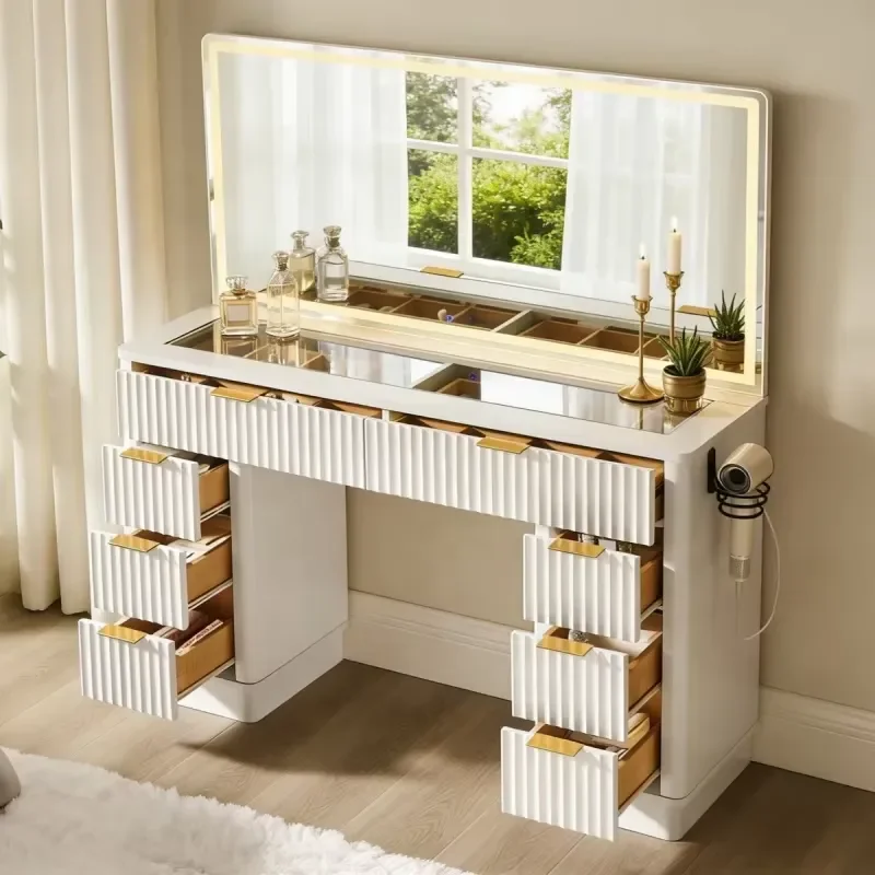 Modern Home Furniture Fluted Dressing Table Set Tempered Glass Top LED Lighted Mirror Soft-Close Drawers Ample Storage Vanity