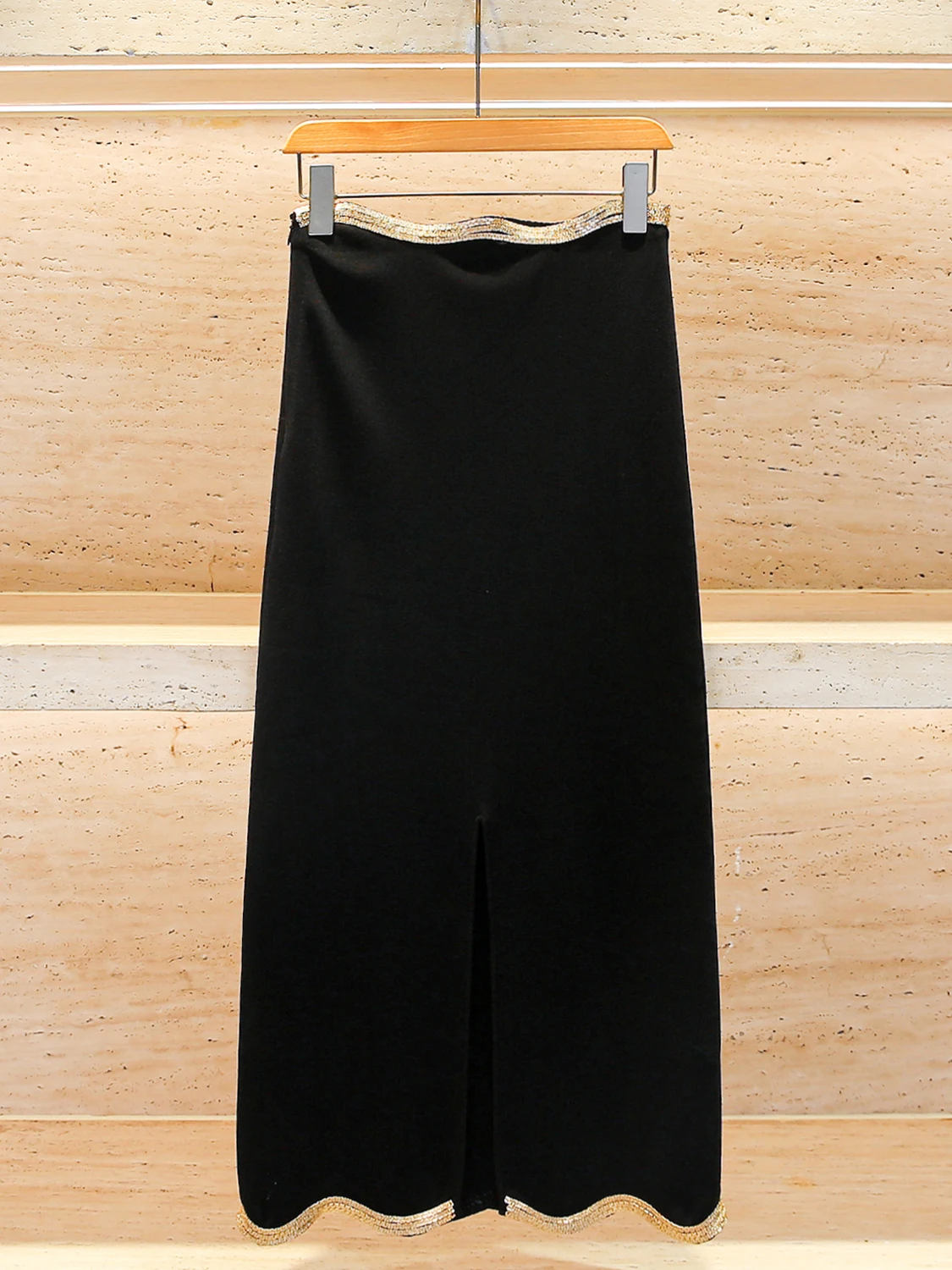 Falda Midi de Verano con Pedrería, Estilo Hepburn, Tejida, de Cintura Alta, Línea A, para Mujer