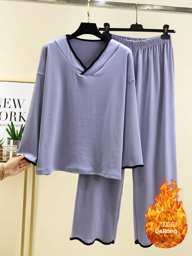 

Thiened Long Sve Spwear Women's Winter Warm Fce Lined Casual V-ne Home Clothes Set Large Size Pajamas Pants