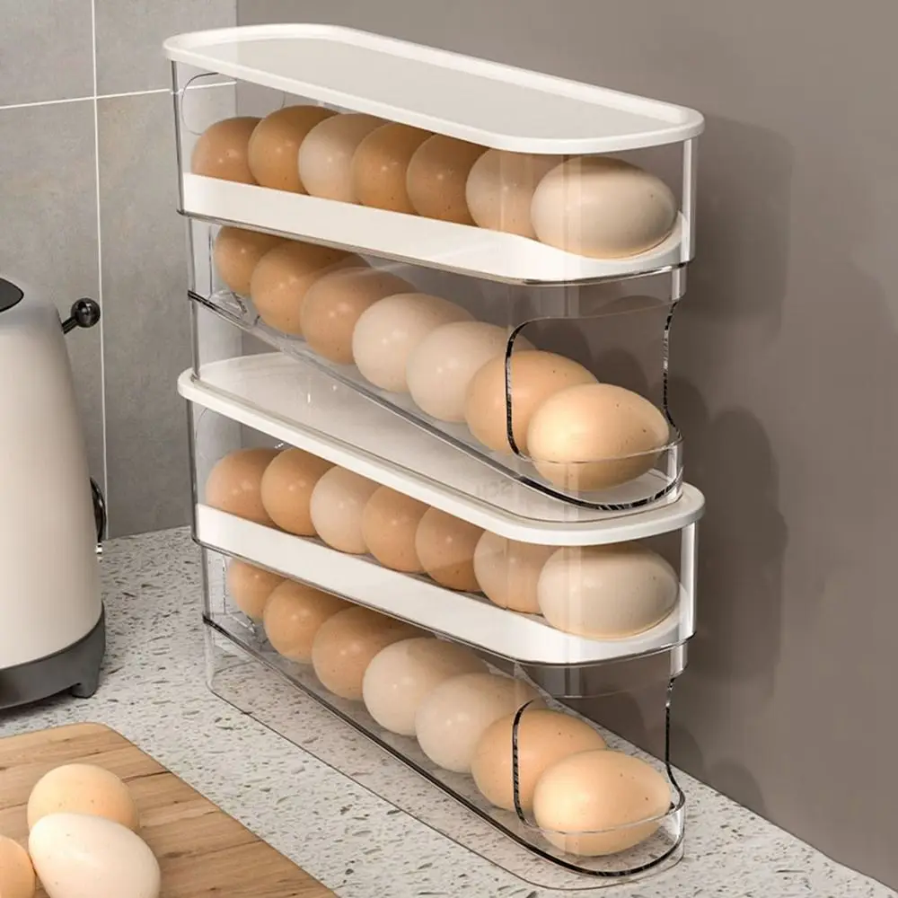 Plastic Automatic Scrolling Egg Holder White Double-layer Roll Off Egg Storage Rack Slide-type Space-saving Egg Storage Holder