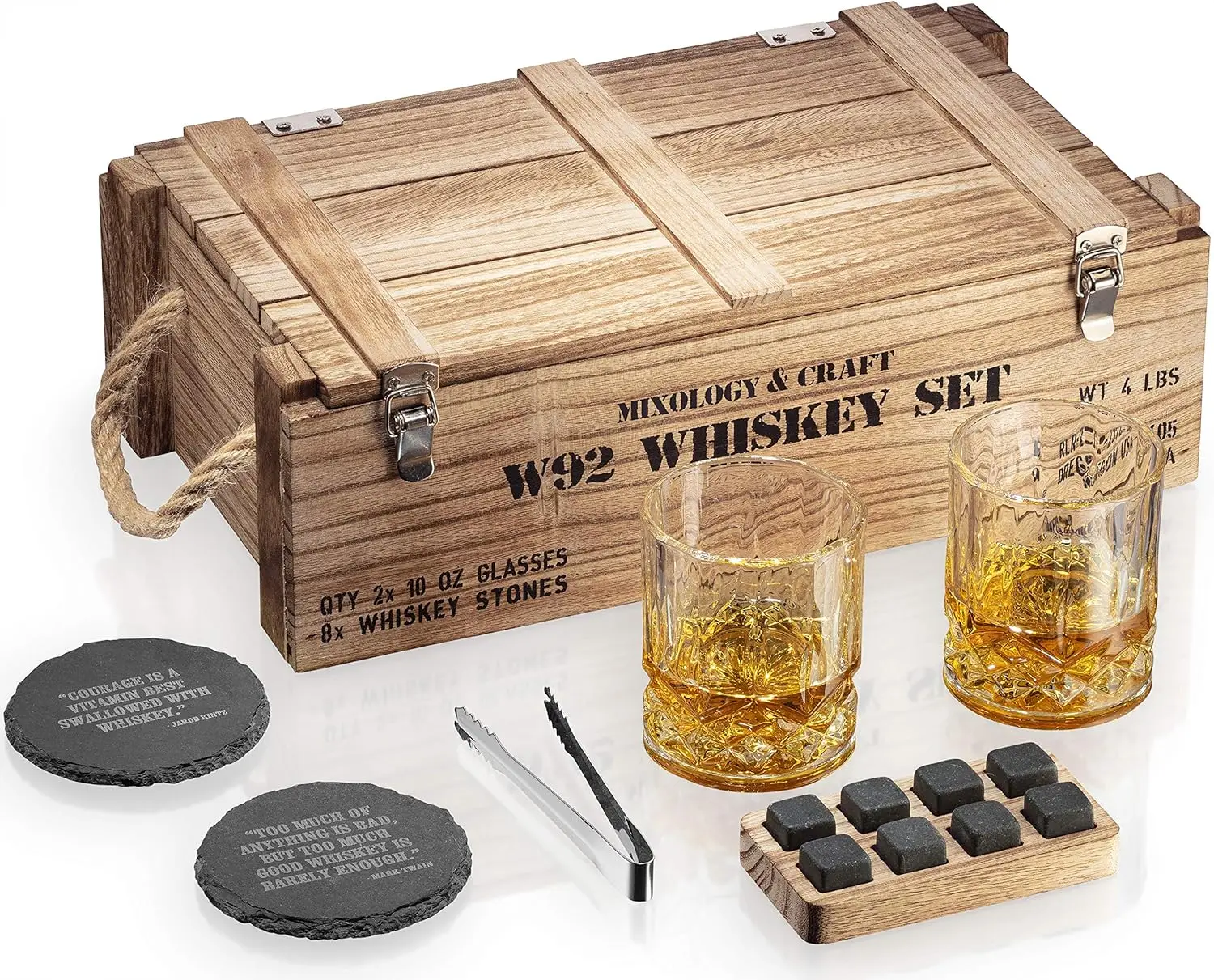 Whiskey Stones Gift Set for Men | Whiskey Glass and Stones Set with Wooden Army Crate, 8 Granite