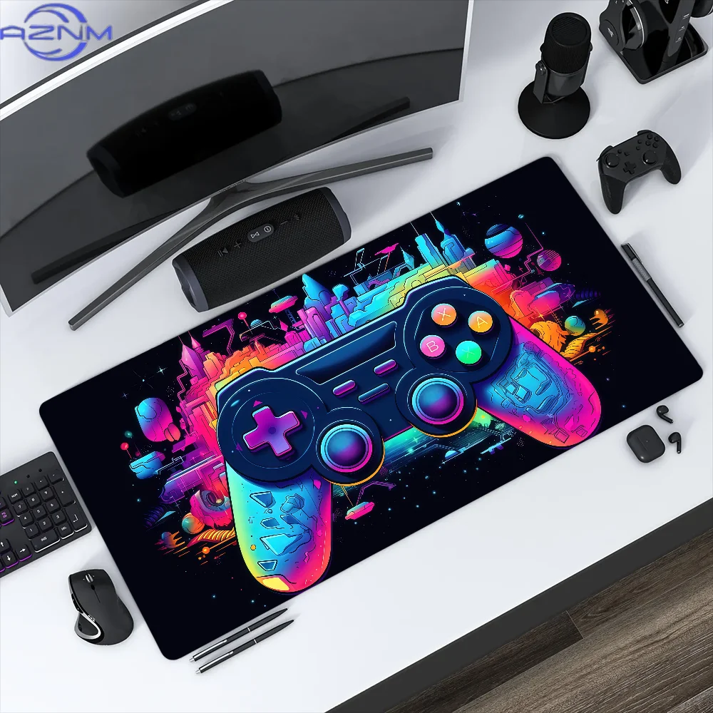 Neon Game Controller Large Gaming Mouse Pad, Colorful Cyber‑City Non‑Slip Extended Keyboard Desk Mat for Gamers PC Laptop
