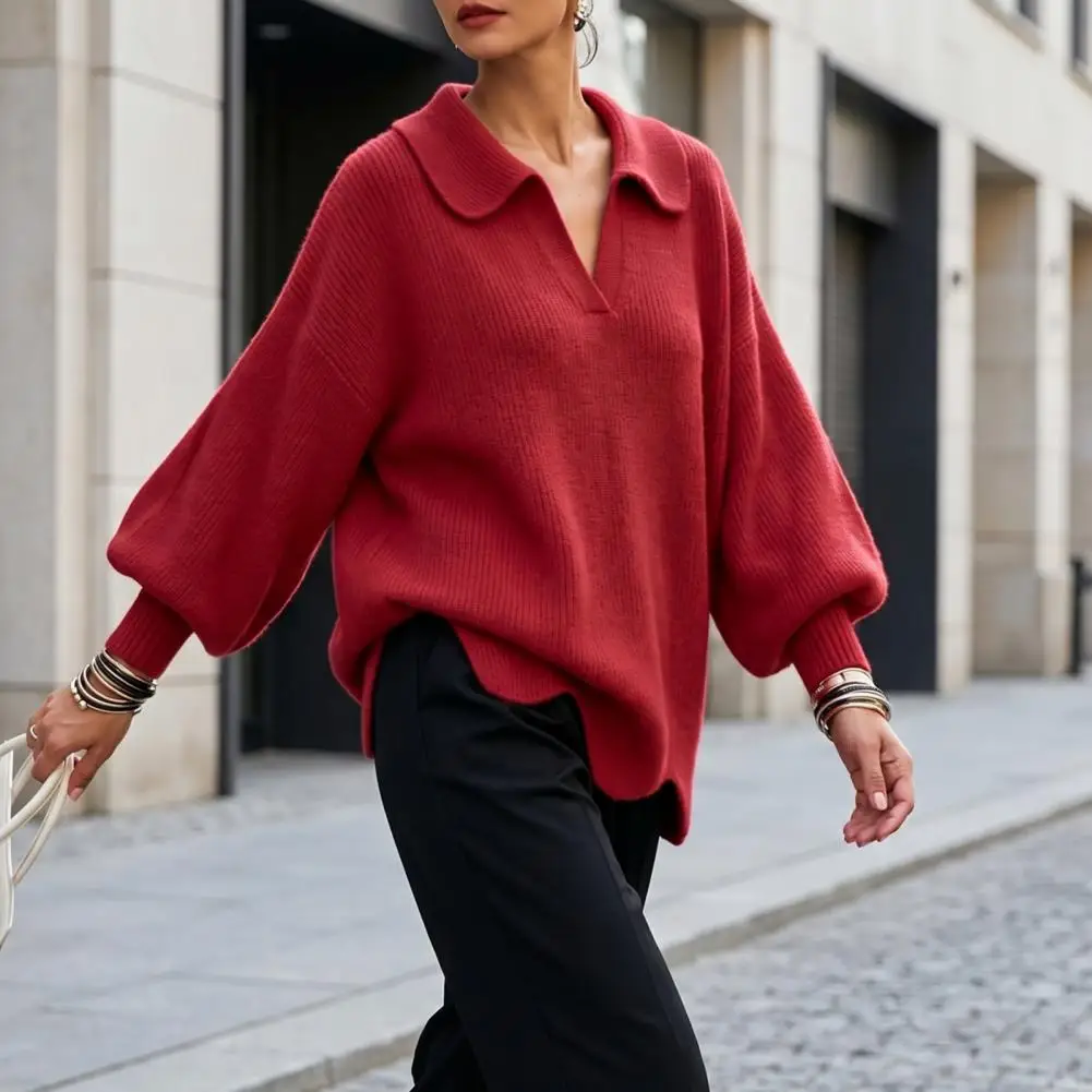 Loose Fit Sweater Ribbed Knitwear Autumn Winter Knitted Sweater Women’s Lapel V-neck Pullover Solid Color Loose Fit Knitwear