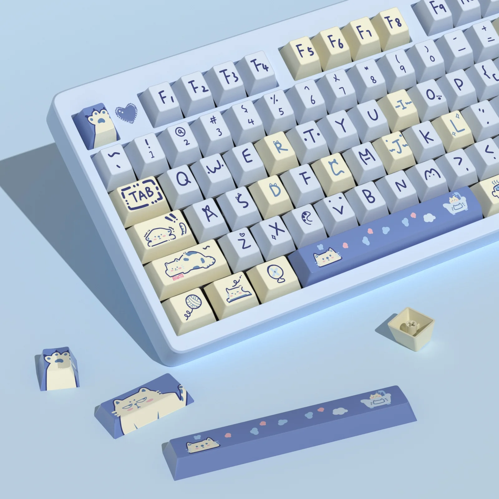 Kbdiy 141 tasten kirsch profil schlüssel kappe niedliches tier blau meow thema tasten kappen für mechanische spiel tastatur mx schalter pbt tasten kappen – Detail 4