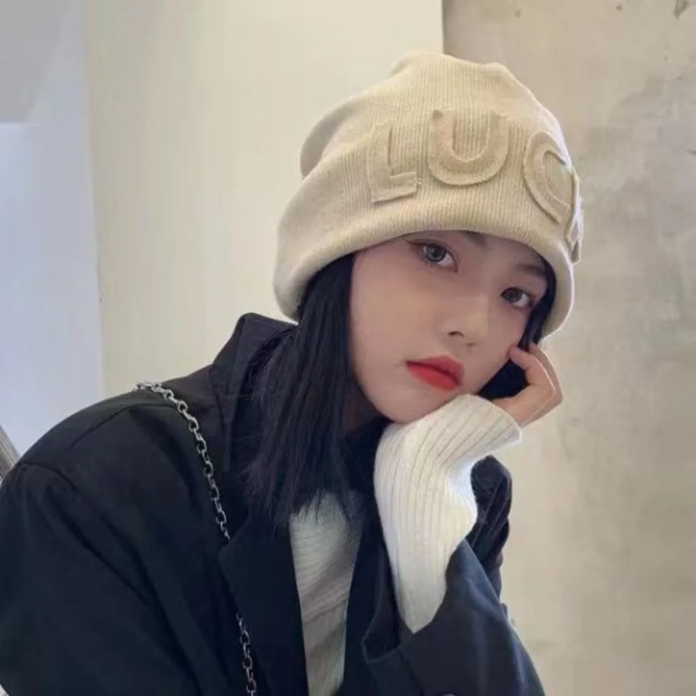 Polyester Fiber Women Beanie Hat Letter Embroidery Korean Japanese Style Slouchy Stack Cap Soft Knit Fabric Pull On Hat